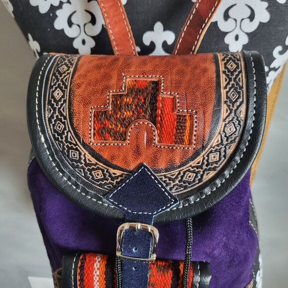 Multicolor Faux Leather Suede Boho Hippie Southwestern Small Backpack Inca Enlay main image 6